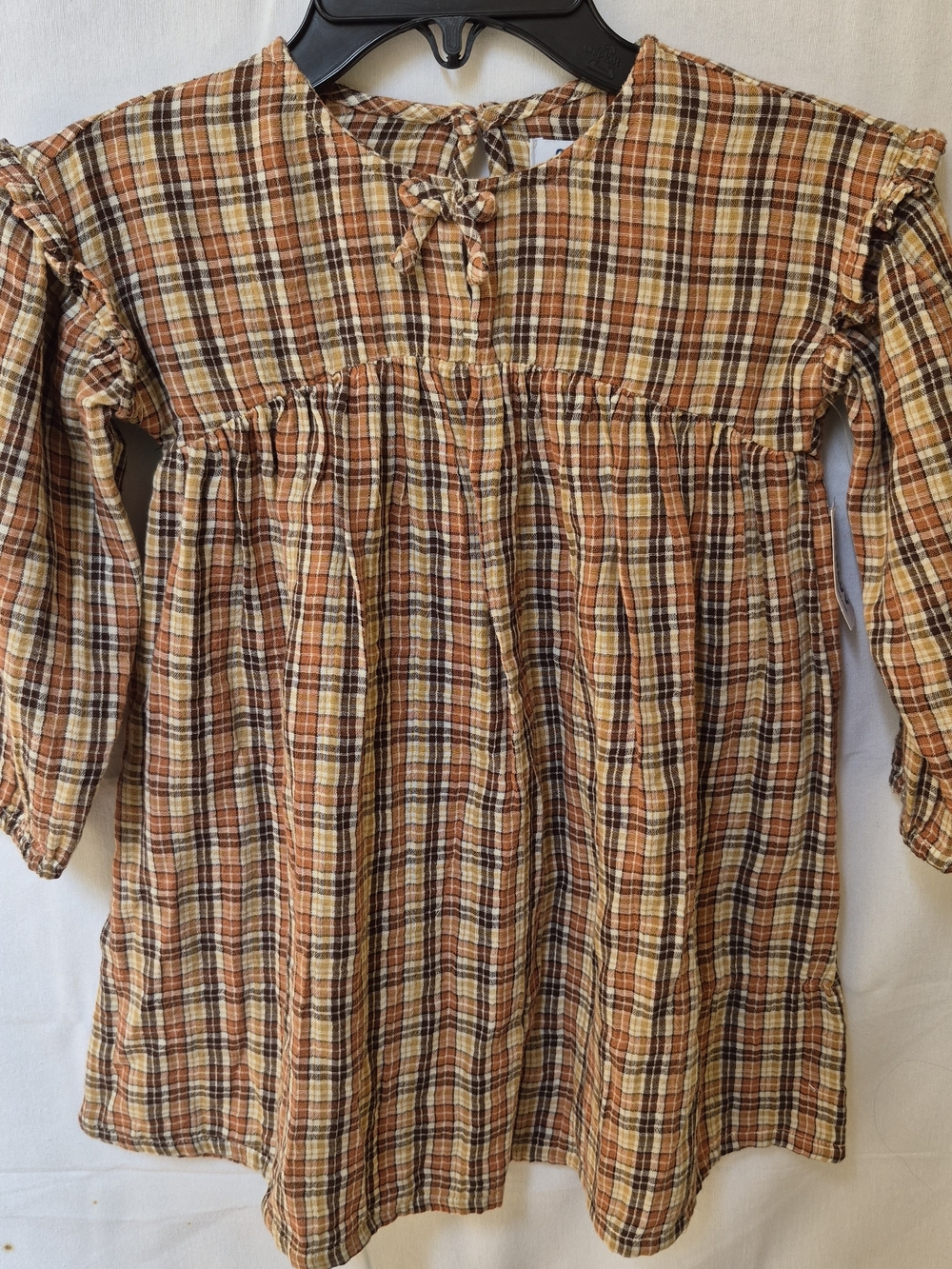 Old Navy Girls' Plaid Long-Sleeve Dress in Orange, Brown, and Cream 4T